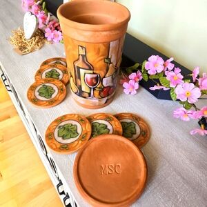 Vintage, Artistic, Painted Terra Cotta Clay Wine Cooler & 6 Coasters